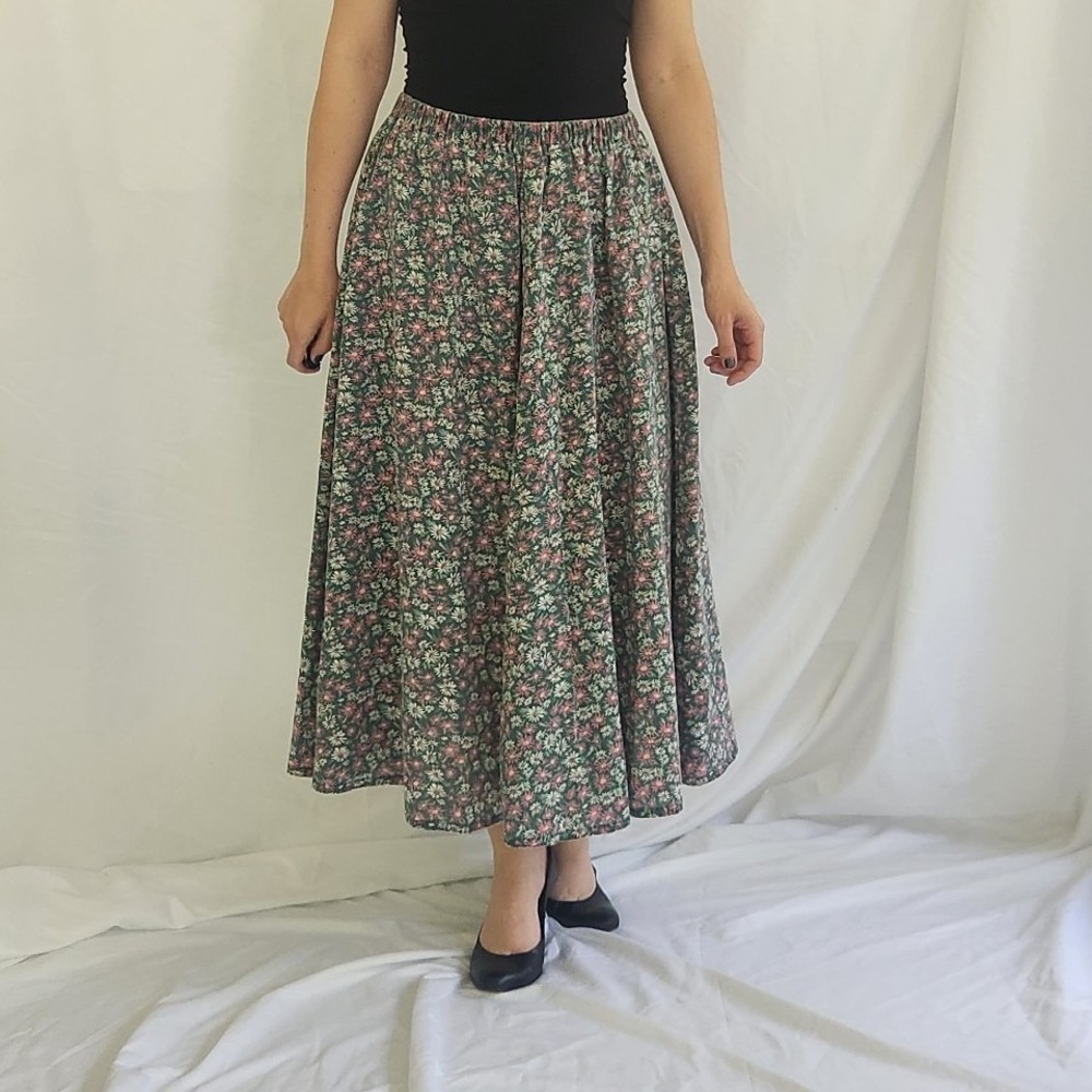90s Green and Pink Home Made Floral Maxi Skirt